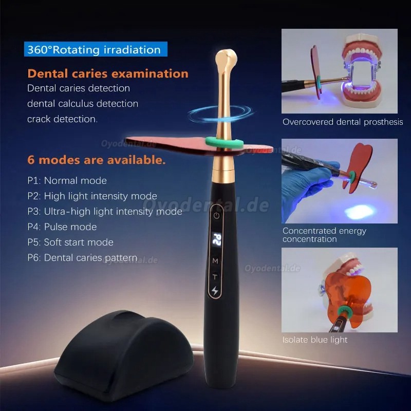 Dentale Wireless 1 Sekunde LED-Polymerisationslampe mit Karieserkennung 6 Modi 1800 MW/CM2