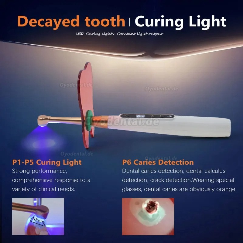 Dentale Wireless 1 Sekunde LED-Polymerisationslampe mit Karieserkennung 6 Modi 1800 MW/CM2